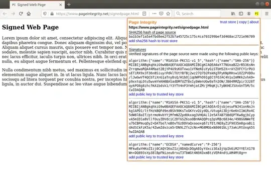 Page Integrity showing integrity information for an example page at https://www.pageintegrity.net/signedpage.html.