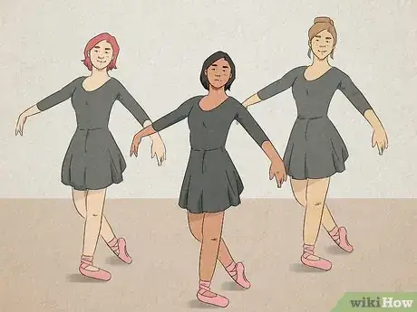 Image titled Three women in ballerina outfits and pointe shoes rehearsing ballet.