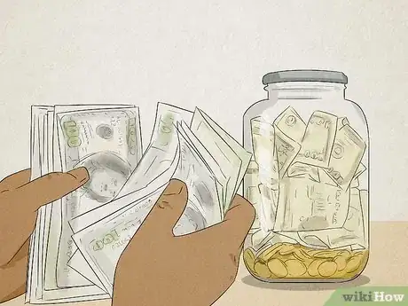 Image titled Person putting their cash savings into a savings jar.