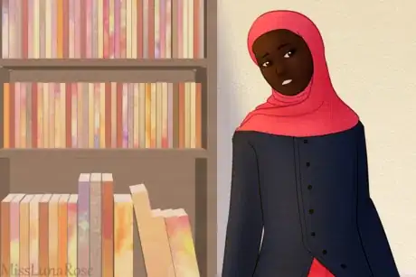 Image titled Thoughtful Hijabi Girl and Bookshelf.png