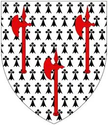 Arms of Denys: Ermine, three battle-axes gules