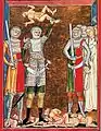 Soldiers in mail armour with swords, German miniature of the Massacre of the Innocents, c. 1250.