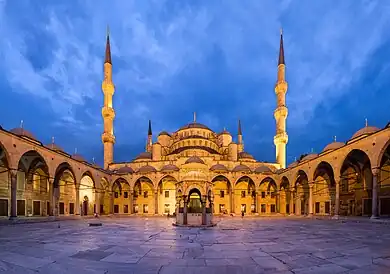 Courtyard of the mosque, at dusk.