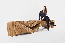 Designer bench made of corrugated cardboard