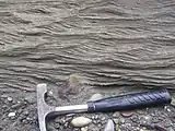 Cross-section through asymmetric climbing ripples, seen in the Zanskar Gorge, Ladakh, NW Indian Himalaya. Ripples climb when sediment fluxes in the flow are very high.