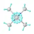Structure of pentamethylmolybdenum, .mw-parser-output .template-chem2-su{display:inline-block;font-size:80%;line-height:1;vertical-align:-0.35em}.mw-parser-output .template-chem2-su>span{display:block;text-align:left}.mw-parser-output sub.template-chem2-sub{font-size:80%;vertical-align:-0.35em}.mw-parser-output sup.template-chem2-sup{font-size:80%;vertical-align:0.65em}Mo(CH3)5, showing 4-fold disorder of one methyl group.