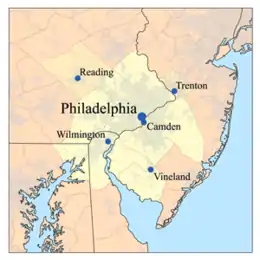 Map of the Lower Delaware Valley Metropolitan Area. In addition to the yellow-shaded area, other parts of South Jersey, including Atlantic County and Cape May County, and Delaware, including Dover, are considered to be part of the Delaware Valley or Philadelphia metropolitan area