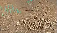 Map of the eastern part of Hellas Planitia (a vast impact crater), showing two large river valleys that slope left, toward the floor of the crater.