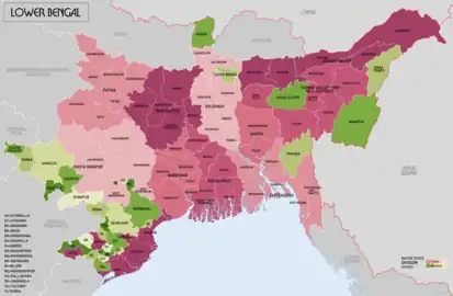 Map denoting Lower Bengal in 1870, including Bengal proper, Orissa, Bihar and Assam; and princely states