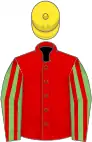 Red, light green and red striped sleeves, yellow cap
