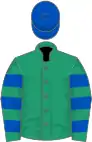 Emerald green, royal blue hooped sleeves, royal blue cap