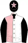 Pink and white (halved), black sleeves, black cap, pink star