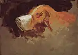 Eakins' preparatory sketch of his dog for The Swimming Hole. Sketch of Harry's head, from two sided sketch for Swimming, oil on cardboard, .mw-parser-output .frac{white-space:nowrap}.mw-parser-output .frac .num,.mw-parser-output .frac .den{font-size:80%;line-height:0;vertical-align:super}.mw-parser-output .frac .den{vertical-align:sub}.mw-parser-output .sr-only{border:0;clip:rect(0,0,0,0);clip-path:polygon(0px 0px,0px 0px,0px 0px);height:1px;margin:-1px;overflow:hidden;padding:0;position:absolute;width:1px}10+1⁄2 × .mw-parser-output .frac{white-space:nowrap}.mw-parser-output .frac .num,.mw-parser-output .frac .den{font-size:80%;line-height:0;vertical-align:super}.mw-parser-output .frac .den{vertical-align:sub}.mw-parser-output .sr-only{border:0;clip:rect(0,0,0,0);clip-path:polygon(0px 0px,0px 0px,0px 0px);height:1px;margin:-1px;overflow:hidden;padding:0;position:absolute;width:1px}14+1⁄2&nbsp;in (27 × 37&nbsp;cm), 1884