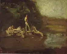 Swimming Hole sketch, Eakins' final study for The Swimming Hole. Oil on fiberboard mounted on fiberboard, .mw-parser-output .frac{white-space:nowrap}.mw-parser-output .frac .num,.mw-parser-output .frac .den{font-size:80%;line-height:0;vertical-align:super}.mw-parser-output .frac .den{vertical-align:sub}.mw-parser-output .sr-only{border:0;clip:rect(0,0,0,0);clip-path:polygon(0px 0px,0px 0px,0px 0px);height:1px;margin:-1px;overflow:hidden;padding:0;position:absolute;width:1px}8+3⁄4 × .mw-parser-output .frac{white-space:nowrap}.mw-parser-output .frac .num,.mw-parser-output .frac .den{font-size:80%;line-height:0;vertical-align:super}.mw-parser-output .frac .den{vertical-align:sub}.mw-parser-output .sr-only{border:0;clip:rect(0,0,0,0);clip-path:polygon(0px 0px,0px 0px,0px 0px);height:1px;margin:-1px;overflow:hidden;padding:0;position:absolute;width:1px}10+3⁄4&nbsp;in (22 × 27&nbsp;cm), Hirshhorn Museum and Sculpture Garden, Washington, DC.