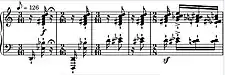 Measures of music starting in 3/16, changing to 2/16, then back, and so forth; tightly are irregularly placed aboutplaced chords