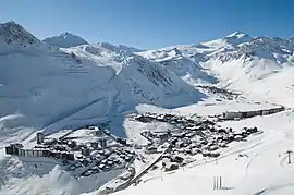 Tignes Le Lac taken from the Aiguille Pierce mountain, with views of Val Claret in the background