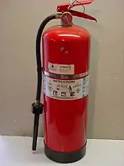 A 2.5&nbsp;US&nbsp;gal (9.5&nbsp;L) USCG-approved .mw-parser-output .frac{white-space:nowrap}.mw-parser-output .frac .num,.mw-parser-output .frac .den{font-size:80%;line-height:0;vertical-align:super}.mw-parser-output .frac .den{vertical-align:sub}.mw-parser-output .sr-only{border:0;clip:rect(0,0,0,0);clip-path:polygon(0px 0px,0px 0px,0px 0px);height:1px;margin:-1px;overflow:hidden;padding:0;position:absolute;width:1px}2+1⁄2-gallon AFFF foam fire extinguisher