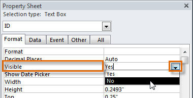 Selecting  "No" from the drop-down list in the Visible option