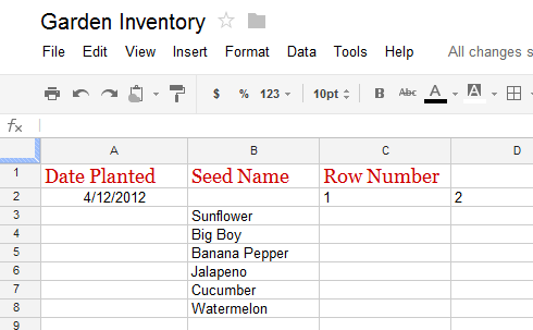 Screenshot of Google Spreadsheets