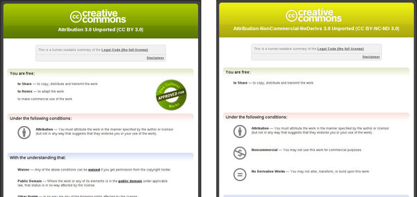 Comparison of Deeds Screenshots of two license deeds, shown side by side to emphasize the difference in appearance between a Free Culture license and a Non Free Culture license.