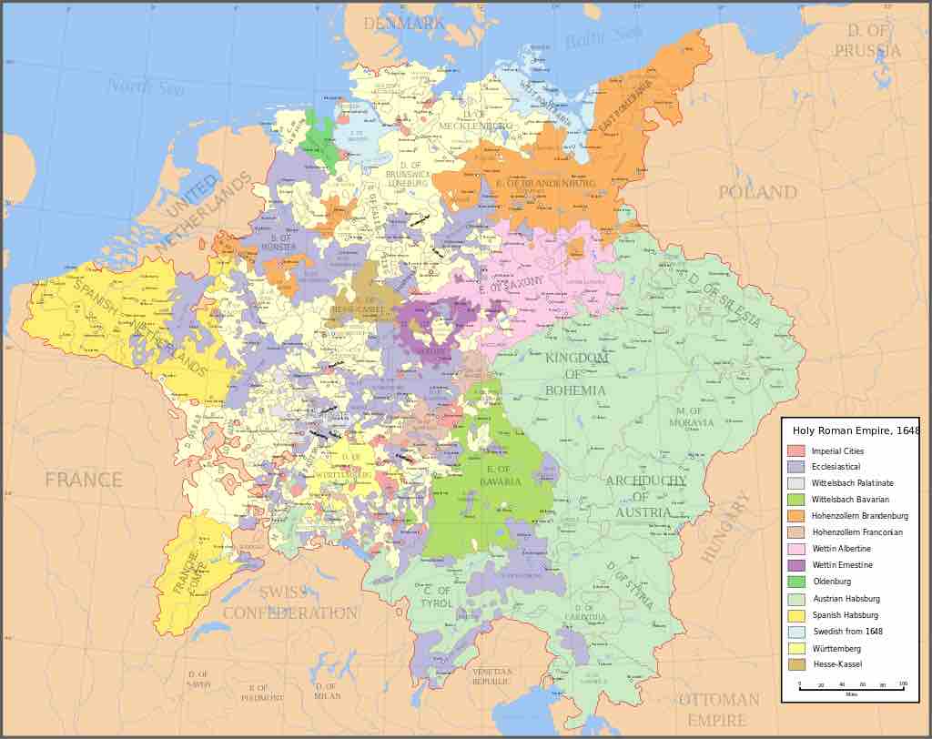 The Holy Roman Empire after the Peace of Westphalia, 1648. Made from the public domain map "Central Europe about 1648" from the Historical Atlas by William R. Shepherd, at the Perry-Castañeda Library Map Collection at the University of Texas. Source: Wikipedia