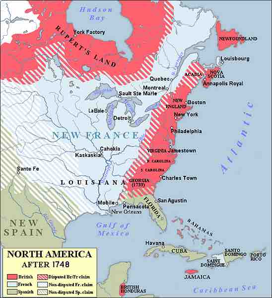 Map showing the 1750 possessions of Britain (pink), France (blue), and Spain (green) in North America and the Caribbean, source: Wikipedia.