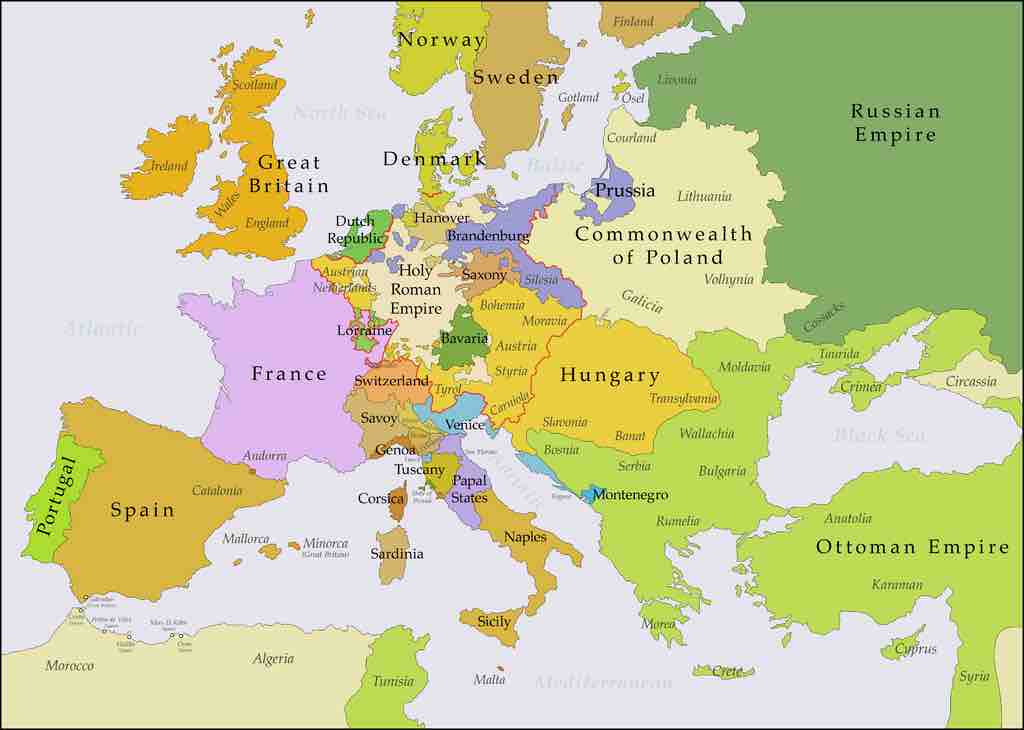 Europe in the years after the Treaty of Aix-la-Chapelle in 1748, source: Wikipedia.
