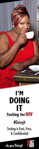 Doing It banner. A woman at a café bar sipping coffee next to an old fashion espresso machine. I’m Doing It. Testing for HIV. Testing is Fast, Free & Confidential. cdc.gov/DoingIt #DointIt HHS, CDC, Act Against AIDS