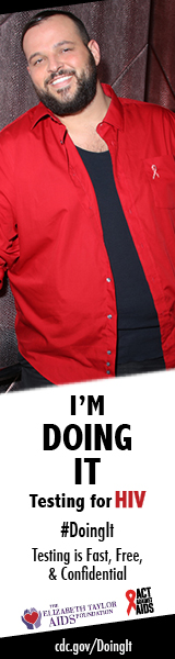 Doing It banner. Actor Daniel Franzese with red shirt standing and smiling in front of a textured wall. I’m Doing It. Testing for HIV. Testing is Fast, Free & Confidential. cdc.gov/DoingIt #DoingIt The Elizabeth Taylor AIDS foundation, Act Against AIDS