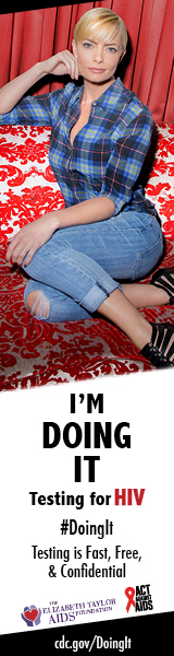 Actress Jaime Pressly wearing blue plaid shirt and jeans sitting on red velvet couch looking directly into the camera. We’re Doing It. Testing for HIV. Testing is Fast, Free & Confidential. cdc.gov/DoingIt #DoingIt The Elizabeth Taylor Foundation, Act Against AIDS