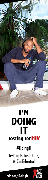 An image of Jay Ellis sitting on an interior windowsill, holding a water bottle. I’m Doing It. Testing for HIV. Testing is Fast, Free & Confidential. cdc.gov/DoingIt #DoingIt The Elizabeth Taylor Foundation, Act Against AIDS