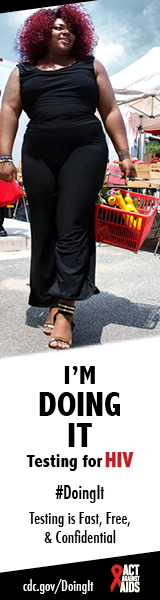 A young woman in black jumpsuit carrying basket of vegetables at farmer’s market on a sunny day. I’m Doing It. Testing for HIV. Testing is Fast, Free & Confidential. cdc.gov/DoingIt #DoingIt The Elizabeth Taylor Foundation, Act Against AIDS