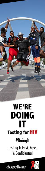 A group of five African American young men jumping in the air with excited expressions. Were doing it. Testing for HIV. #DointIt Testing is free & confidentical. cdc.gov/DoingIt HHS, CDC, Act Against AIDS