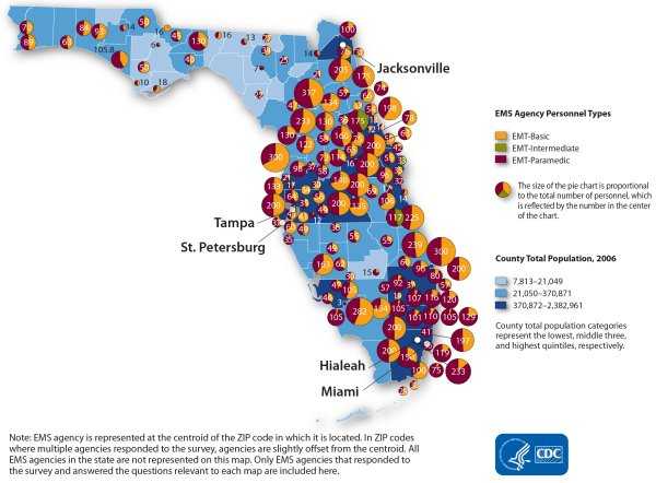 This map shows the distribution of EMS personnel by agency. Each agency is represented by a pie chart which reflects the total number of personnel and the slices represent the proportion of all personnel that are EMT-Basic (range: 0-200), EMT-Intermediate (range: 0-75) or EMT-Paramedic (range: 0-200). Pie charts are overlaid on county-level population size. In general, the proportion of personnel type and the sizes of the agencies appear to vary by location and county population size. Note: EMS agency is represented at the centroid of the zip code in which it is located. In zip codes where multiple agencies responded to the survey, agencies are slightly offset from the centroid. All EMS agencies in the state are not represented in this map. Only EMS agencies that responded to the survey and answered the questions relevant to each map are included here.