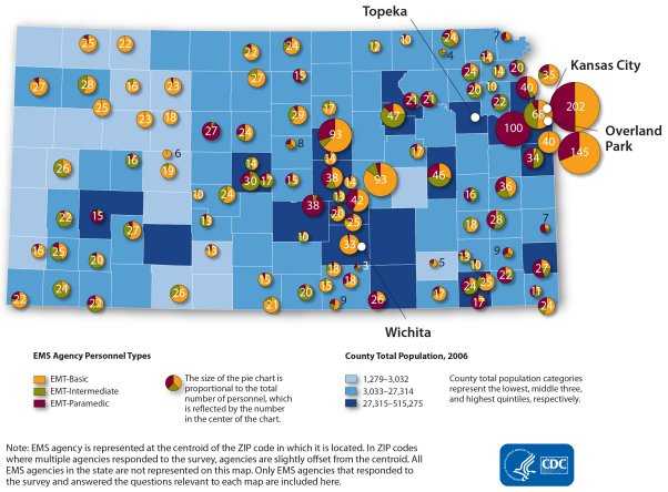 This map shows the distribution of EMS personnel by agency. Each agency is represented by a pie chart which reflects the total number of personnel and the slices represent the proportion of all personnel that are EMT-Basic (range: 0-100), EMT-Intermediate (range: 0-30) or EMT-Paramedic (range: 0-100). Pie charts are overlaid on county-level population size. In general, the proportion of personnel type and the total number of agency personnel appear to vary by location or county population. Note: EMS agency is represented at the centroid of the zip code in which it is located. In zip codes where multiple agencies responded to the survey, agencies are slightly offset from the centroid. All EMS agencies in the state are not represented in this map. Only EMS agencies that responded to the survey and answered the questions relevant to each map are included here.