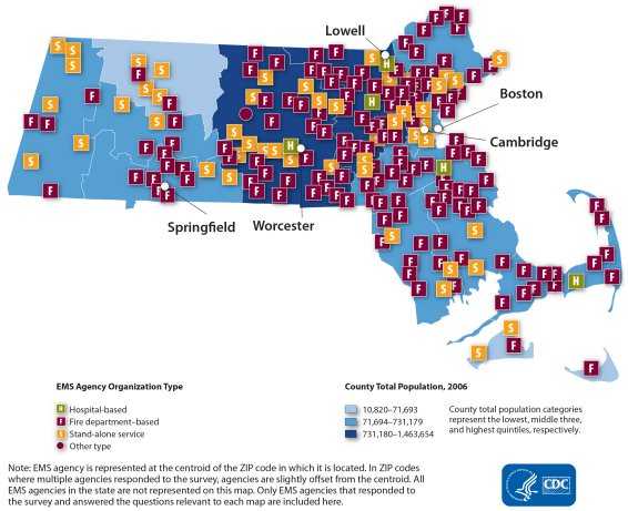 This map shows the distribution of organizational type by EMS agency. Each agency is represented by a point that reflects type of EMS agency organization: fire department-based (n=144), hospital-based (n=5), stand-alone (n=46) or other type (n=1). Points are overlaid on county-level population size. In general, the spatial distribution of agencies by organization type shows a random pattern. Note: EMS agency is represented at the centroid of the zip code in which it is located. In zip codes where multiple agencies responded to the survey, agencies are slightly offset from the centroid. All EMS agencies in the state are not represented in this map. Only EMS agencies that responded to the survey and answered the questions relevant to each map are included here.