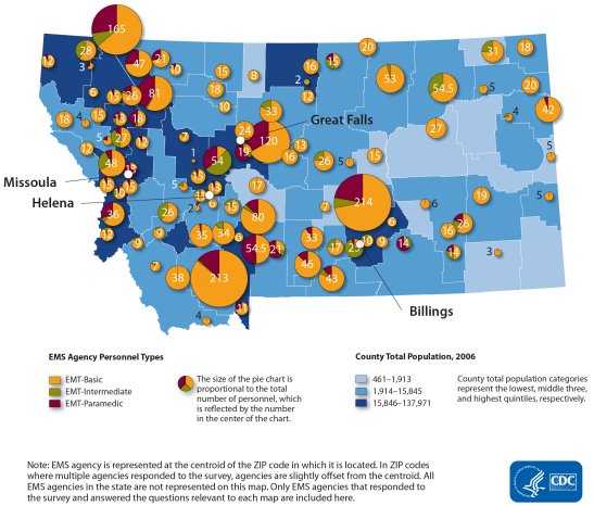This map shows the distribution of EMS personnel by agency. Each agency is represented by a pie chart which reflects the total number of personnel and the slices represent the proportion of all personnel that are EMT-Basic (range: 0-183), EMT-Intermediate (range: 0-29) or EMT-Paramedic (range: 0-47). In general, the spatial distribution of agencies shows a random pattern, but the total number of agency personnel appears to vary slightly by location and county population. Note: EMS agency is represented at the centroid of the zip code in which it is located. In zip codes where multiple agencies responded to the survey, agencies are slightly offset from the centroid. All EMS agencies in the state are not represented in this map. Only EMS agencies that responded to the survey and answered the questions relevant to each map are included here.