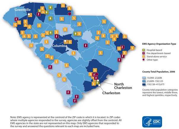 This map shows the distribution of organizational type by EMS agency. Each agency is represented by a point that reflects type of EMS agency organization: fire department-based (n=19), hospital-based (n=7), stand-alone (n=49) or other type (n=2). Points are overlaid on county-level population size. In general, the spatial distribution of agencies by organization type shows a random pattern. Note: EMS agency is represented at the centroid of the zip code in which it is located. In zip codes where multiple agencies responded to the survey, agencies are slightly offset from the centroid. All EMS agencies in the state are not represented in this map. Only EMS agencies that responded to the survey and answered the questions relevant to each map are included here.