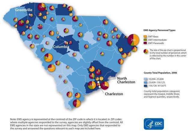 This map shows the distribution of EMS personnel by agency. Each agency is represented by a pie chart which reflects the total number of personnel and the slices represent the proportion of all personnel that are EMT-Basic (range: 0-127), EMT-Intermediate (range: 0-35) or EMT-Paramedic (range: 0-112). Pie charts are overlaid on county-level population size. In general, the spatial distribution and size of pie charts shows a random pattern. Note: EMS agency is represented at the centroid of the zip code in which it is located. In zip codes where multiple agencies responded to the survey, agencies are slightly offset from the centroid. All EMS agencies in the state are not represented in this map. Only EMS agencies that responded to the survey and answered the questions relevant to each map are included here.
