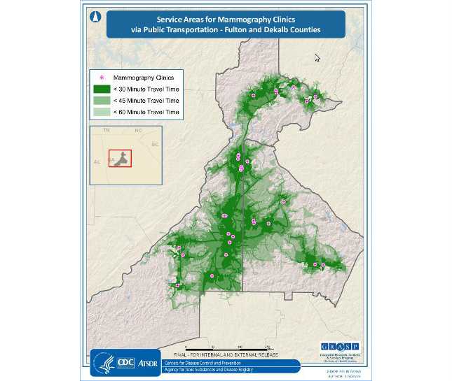Service Areas for Mammography Clinics via Public Transportation