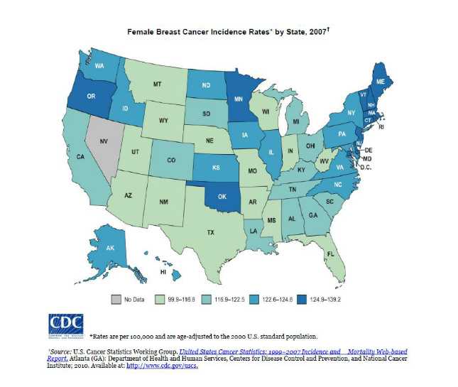 Female Breast Cancer Incidence Rates by State, 2007