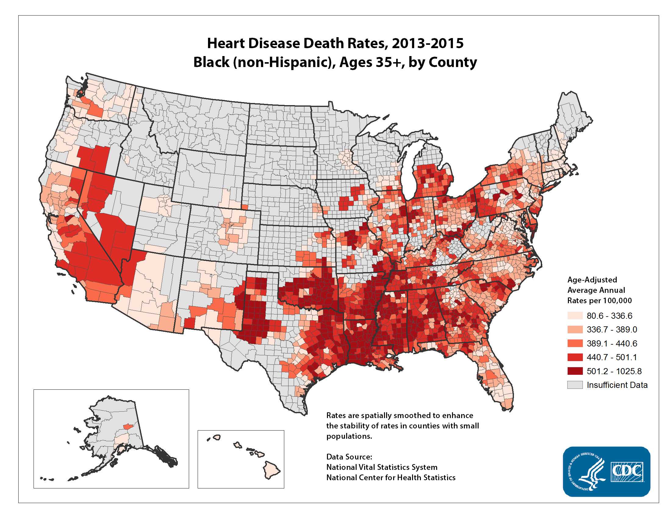 Heart Disease Death Rates for 2012 through 2014 for Blacks Aged 35 Years and Older by County. The map shows that concentrations of counties with the highest heart disease death rates for Blacks - meaning the top quintile - are located primarily in Alabama, Louisiana, Mississippi, and Oklahoma. Pockets of high-rate counties also were found in parts of Georgia, Arkansas, Michigan, Missouri, and Texas.
