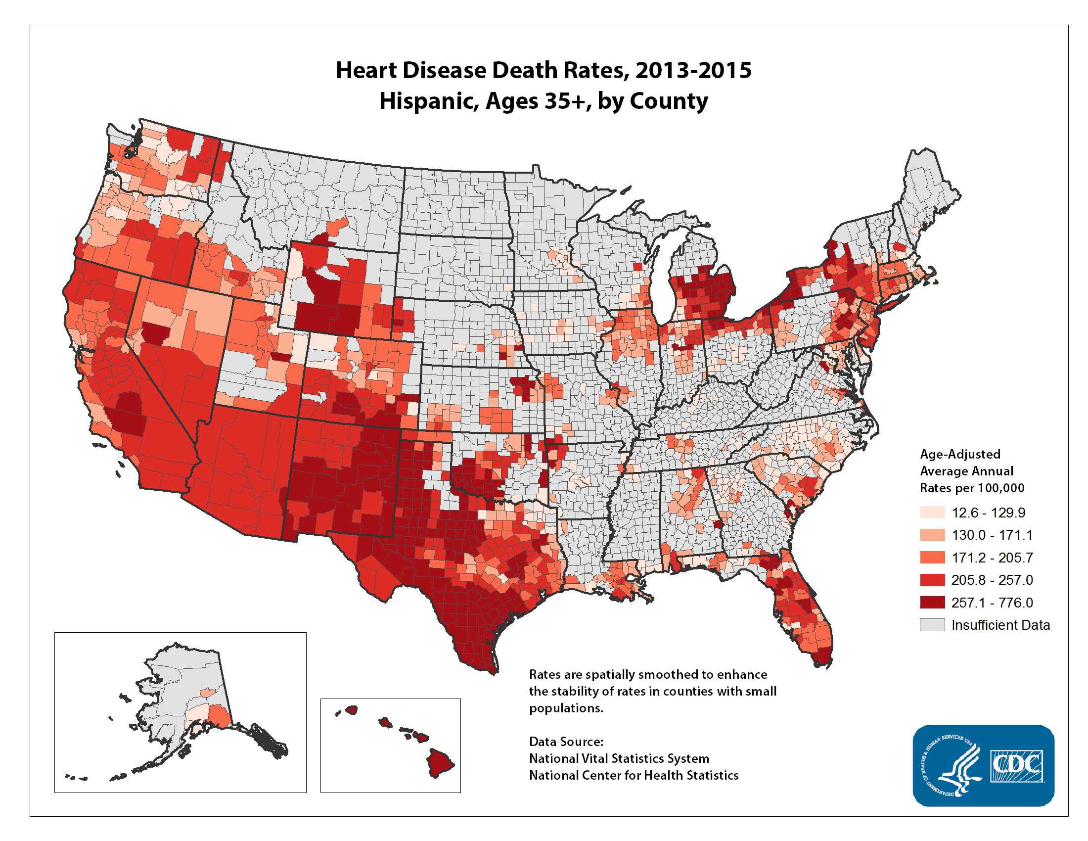 Heart Disease Death Rates for 2012 through 2014 for Hispanics Aged 35 Years and Older by County. The map shows that concentrations of counties with the highest heart disease death rates - meaning the top quintile - are located primarily in Hawaii, Texas, and New Mexico. Pockets of high-rate counties also were found in parts of Wyoming, Michigan, New York, and California.