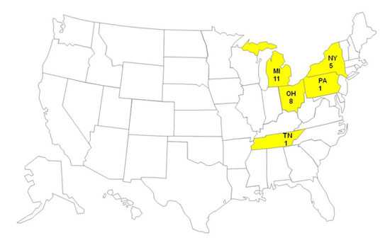 Final Case Count Map: Persons infected with the outbreak strain of E. coli O145, by state, as of May 20, 2010 (n=26)
