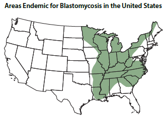 map shows the approximate areas (called “endemic areas”) where Blastomyces is suspected to live in the United States.