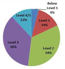 PIAAC* literacy scale pie chart. Below level 1: 4%. Level 1: 14%. Level 2: 34%.Level 3: 36%.Level 4/5: 12%.