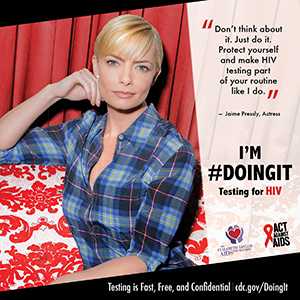 Jaime Pressly, a blonde actress, in a blue plaid shirt stating why she believes getting tested is important.