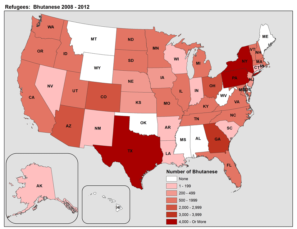 Top 4 resettlement states for Bhutanese refugees are Pennsylvania, Texas, New York, and Georgia. Bhutanese resettlement is higher in the Northeast and the Midwest.