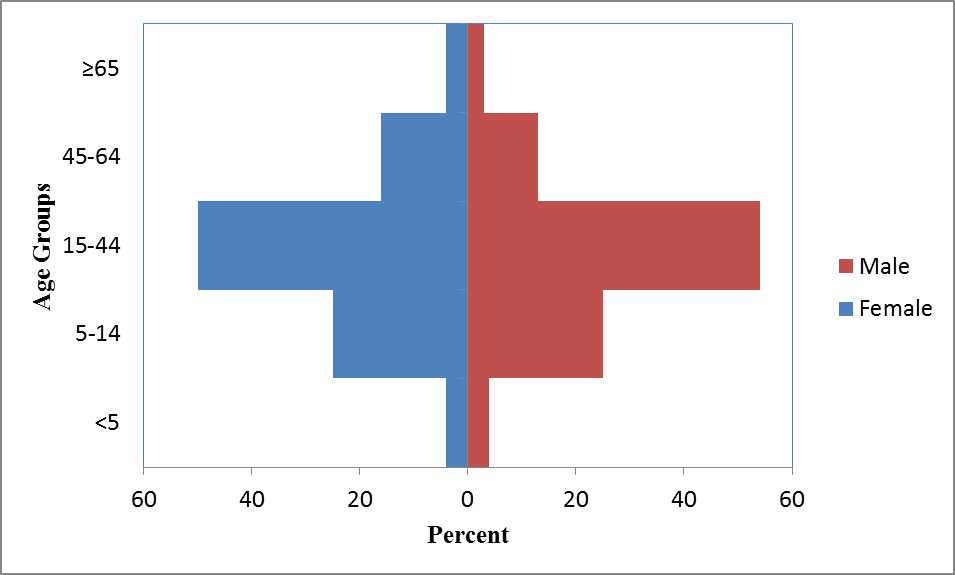 The graph shows the age distribution of Iraqi Refugees resettled in the US. The graph shows that for both males and females the most common age group is 15-44 years old.