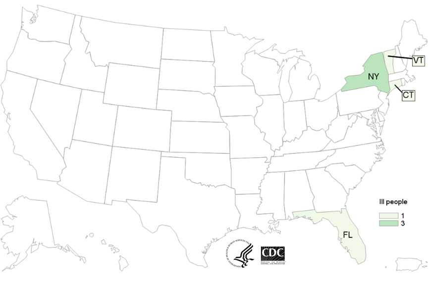 Map of persons infected with the outbreak strain of Listeria monocytogenes, by state of residence, as of March 8, 2017
